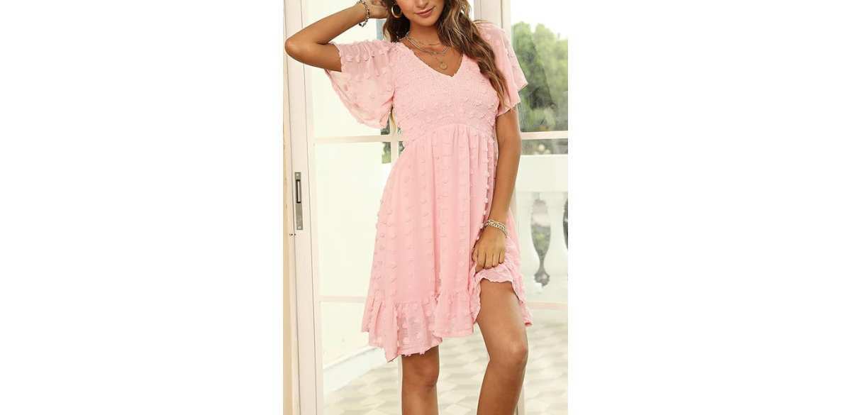 Zattcas Smocked Dress Short Flutter Sleeve V Neck Swiss Dot Babydoll