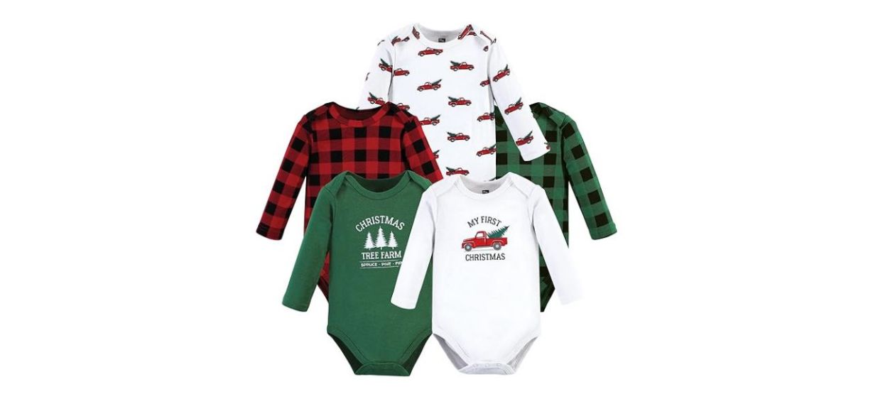 5 long-sleeve Christmas-themed baby bodysuits