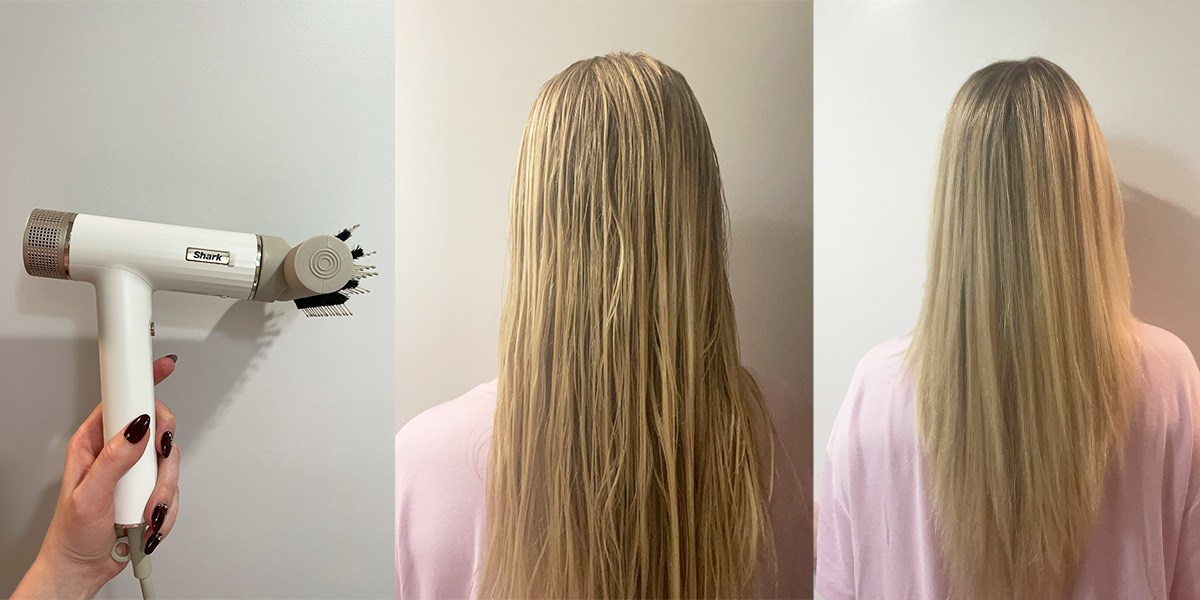Collage with Shark SpeedStyle Hair Dryer and before and after styling images
