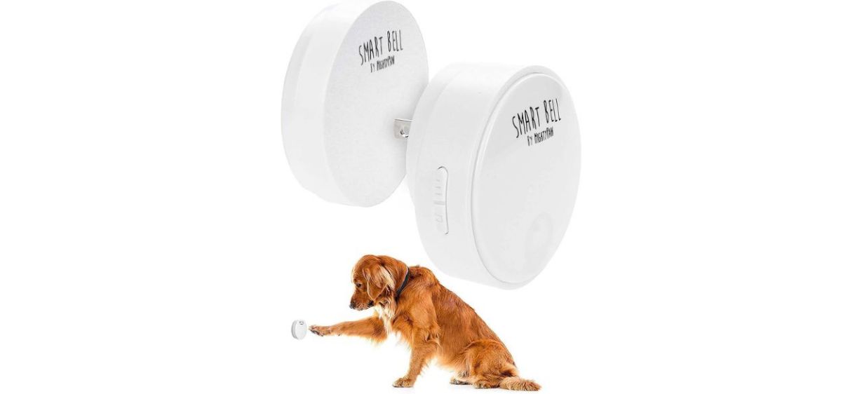 Mighty Paw Smart Bell 2.0 with dog on white background Mighty Paw Smart Bell 2.0 with dog on white background