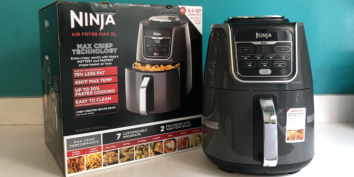 Ninja Air Fryer Max XL next to product packaging Ninja Air Fryer Max XL next to product packaging