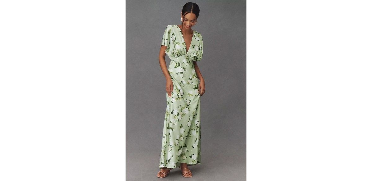 BHLDN Leila Deep-V Flutter-Sleeve Satin A-Line Gown