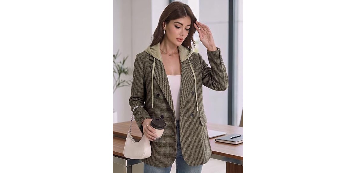Mina Self Fall Women's Tweed Hooded Plaid Blazer