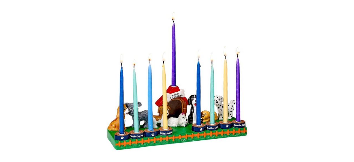 Rite Lite Dog Lovers Menorah with candles on it, on a white background