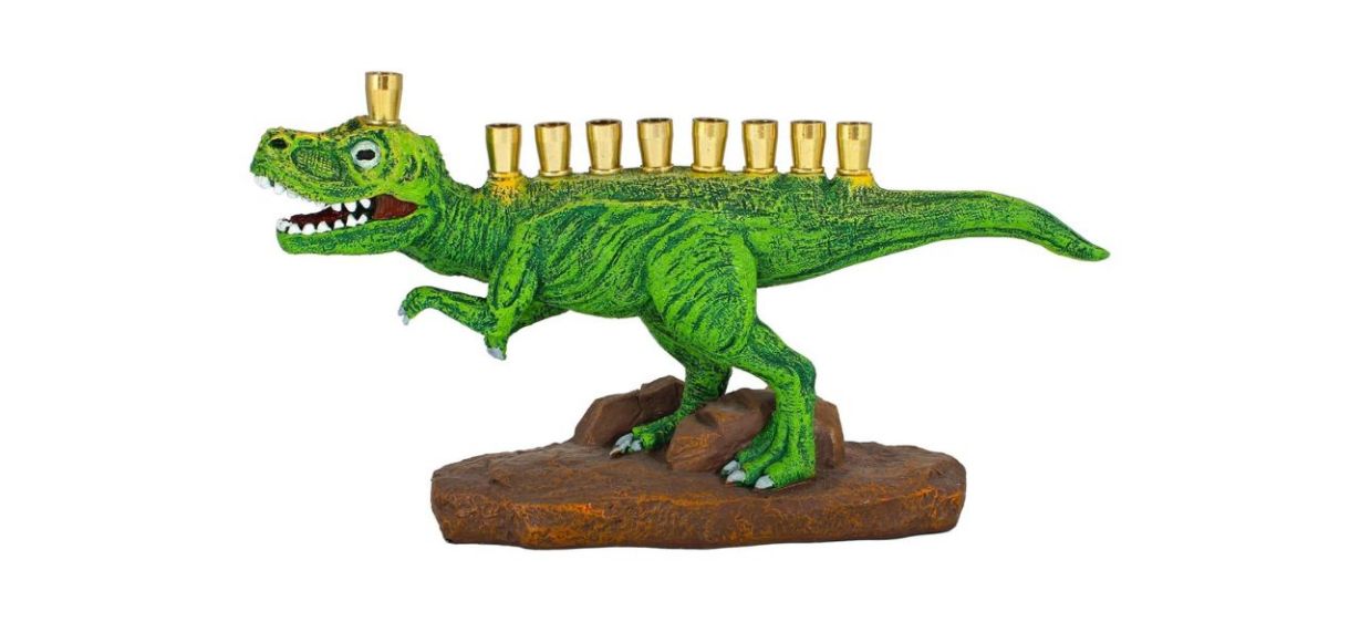 Zion Judaica Green Dinosaur Menorah in the shape of a T. rex with brass candle cups on top of it