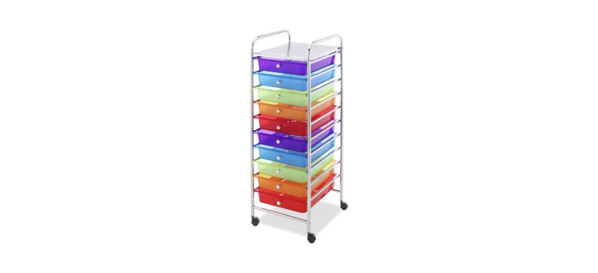 Whitmor 10 Drawer Organizer Cart with rainbow colored drawers